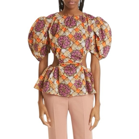 $495 Autumn Adeigbo Ilona Purple Puff Sleeve Cut Out Purple Orange Pattern 0023 - Picture 1 of 9